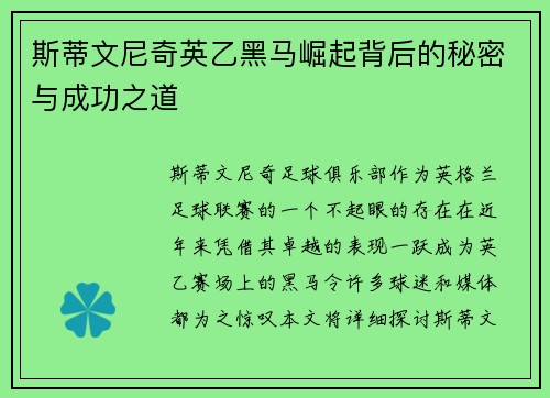 斯蒂文尼奇英乙黑马崛起背后的秘密与成功之道 斯蒂文尼奇英乙黑马崛起背后的秘密与成功之道